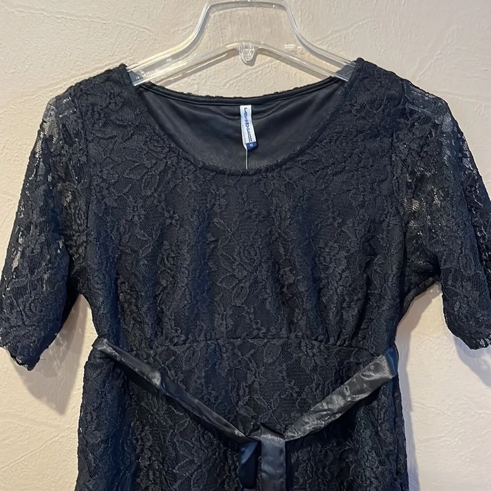 NWT Planet Motherhood maternity black lace stretch dress with ribbon belt size M